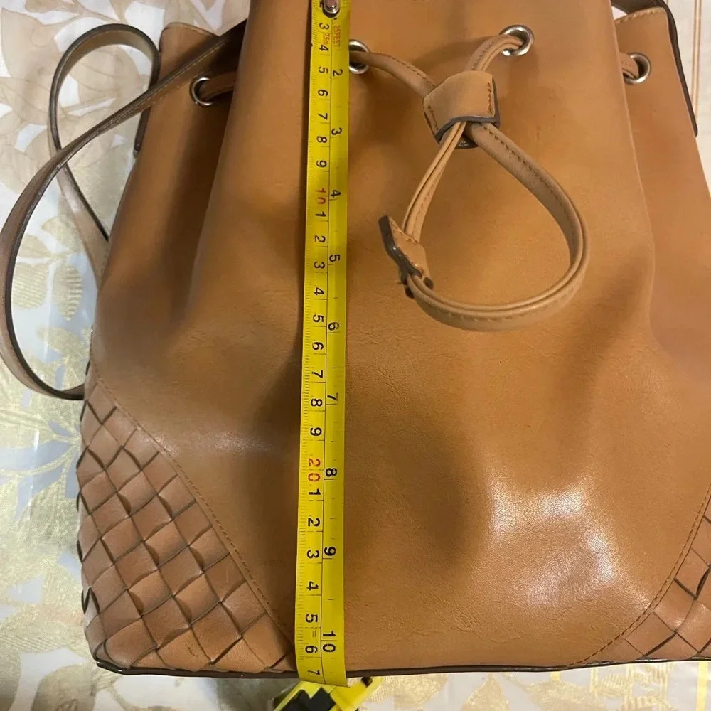 Tan Leather Drawstring Bucket Bag - Women's Shoulder Purse - Picture 7 of 10